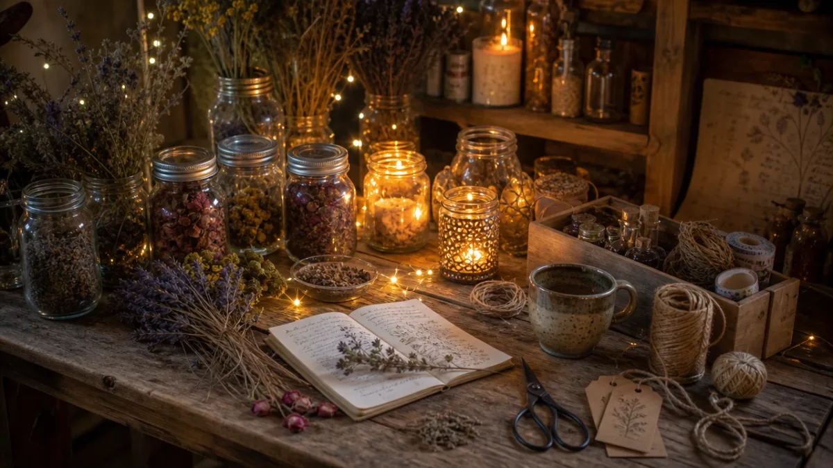 a rustic wooden table covered with mason jars, fairy lights, dried herbs…