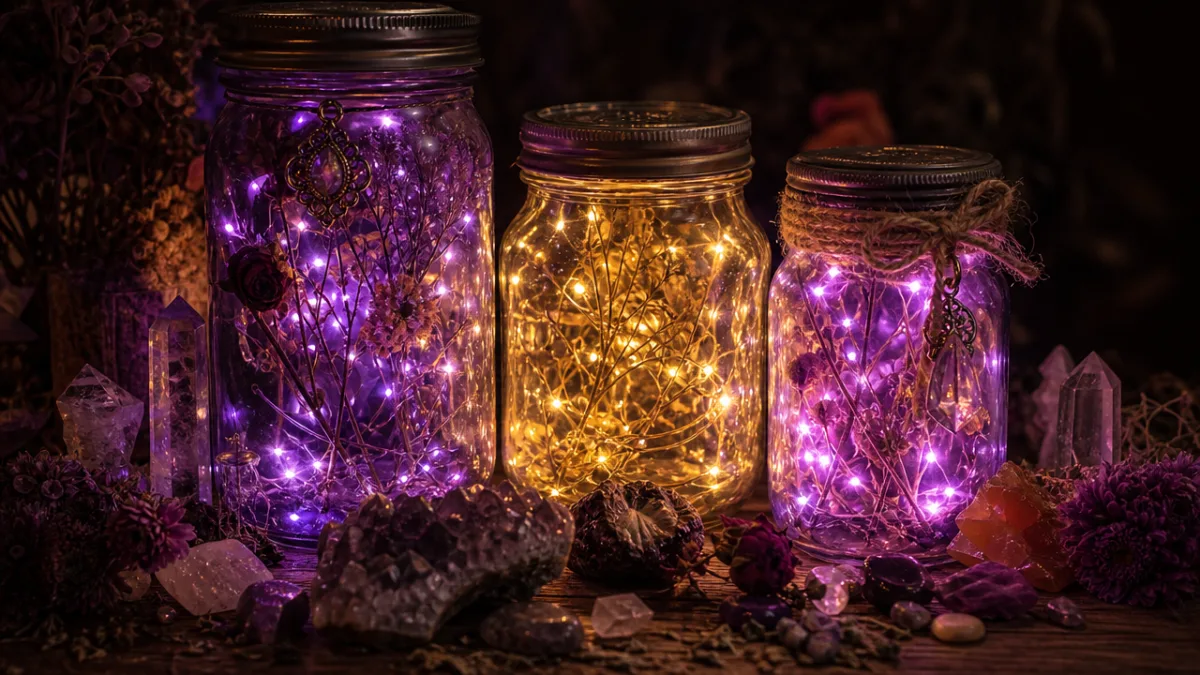 close-up of three glowing mason jars with purple and amber fairy lights…