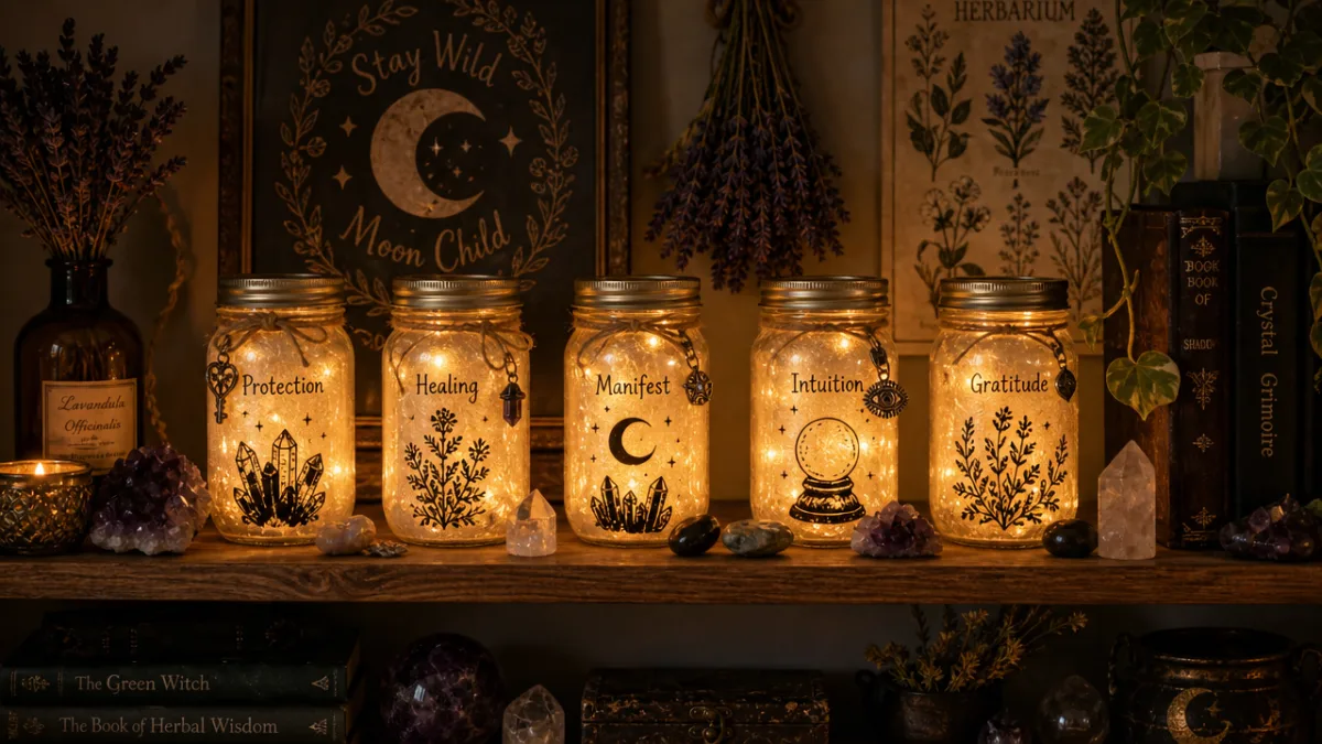 cozy witch-themed shelf display with five glowing mason jars, crystals, and dried…