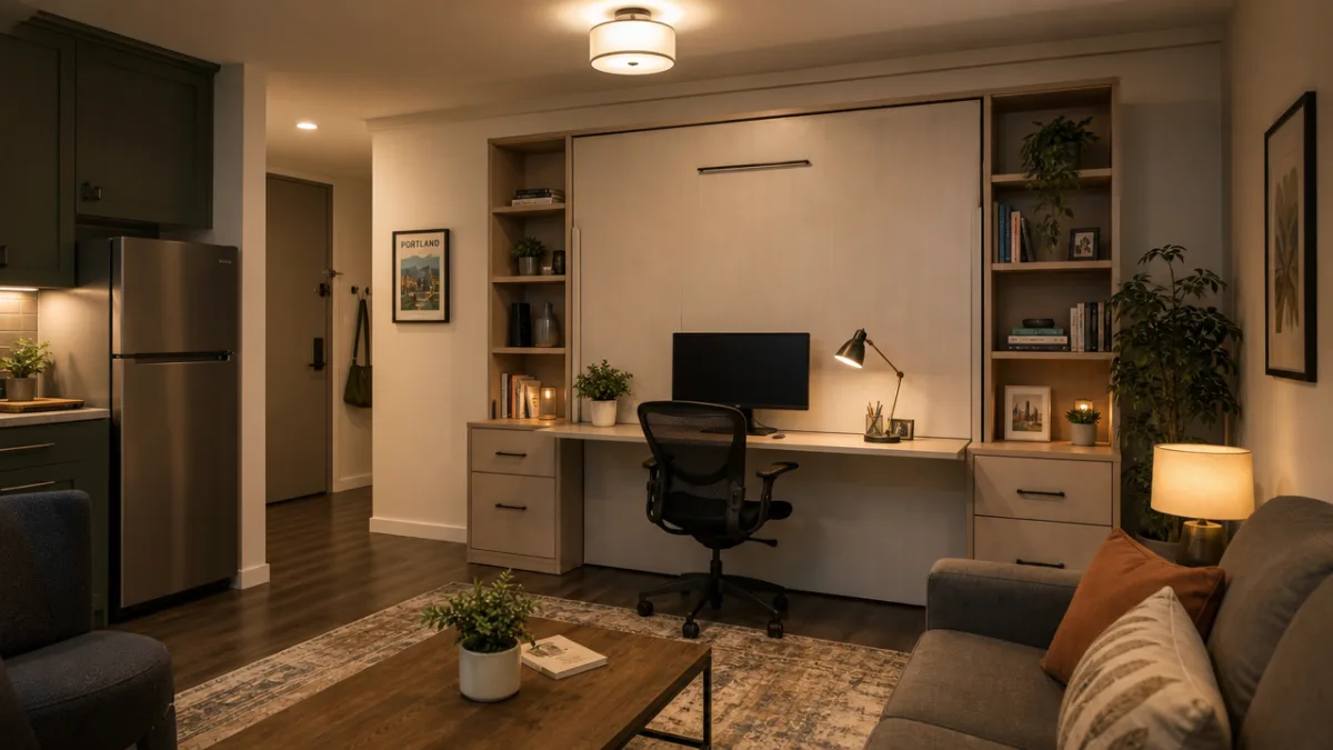 a compact studio apartment with a Murphy bed folded up revealing a…
