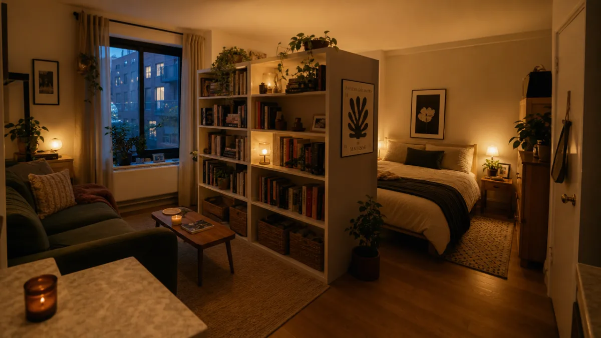 a tiny studio apartment interior divided into distinct living and sleeping zones…