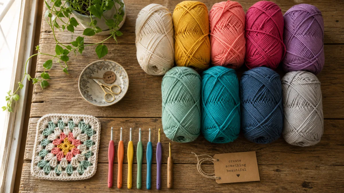 a flat lay of colorful cotton yarn skeins and crochet hooks arranged…