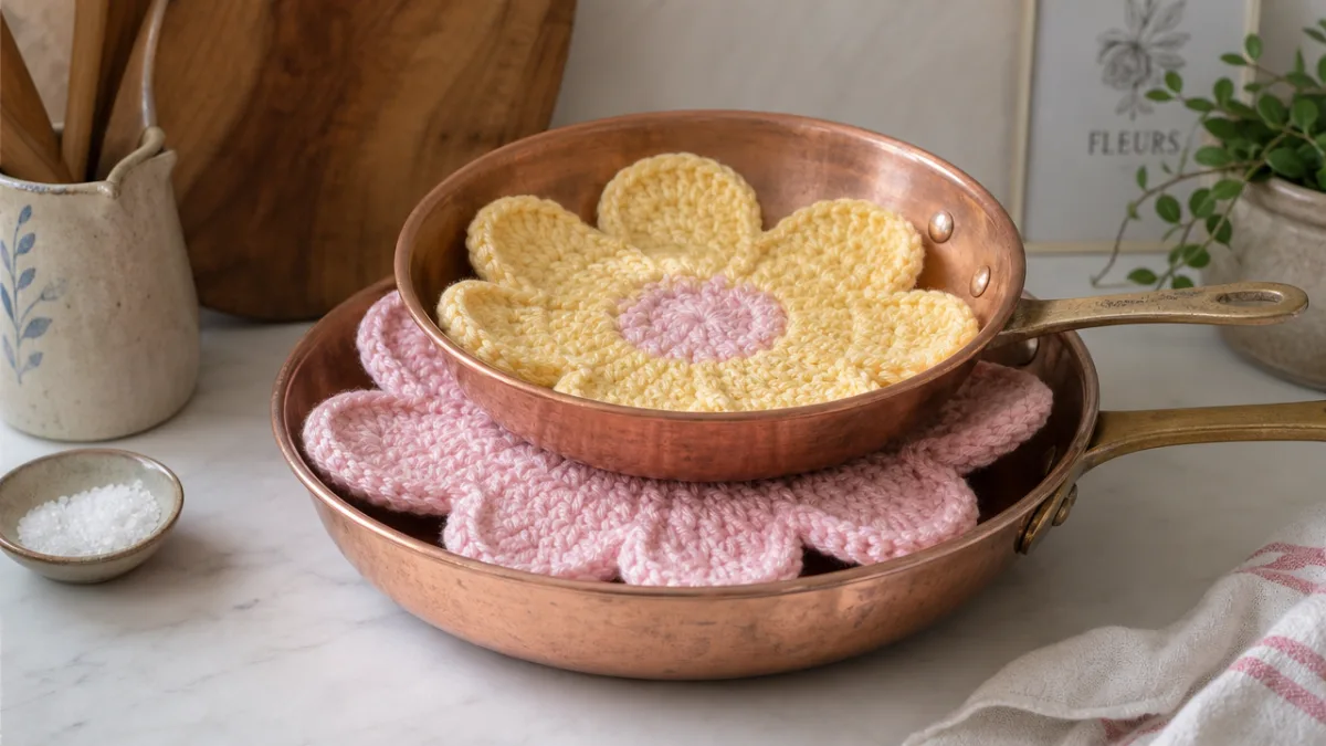 a pair of crocheted flower pan protectors in pastel pink and yellow…