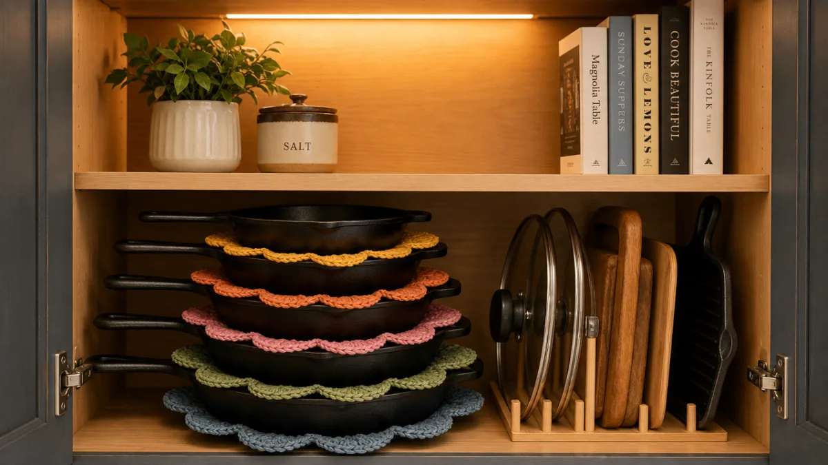a neatly organized kitchen cabinet with stacked cast iron pans separated by…