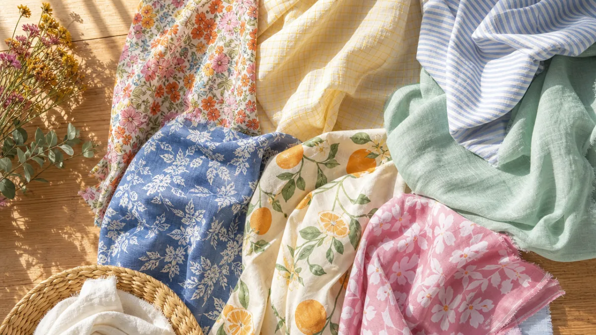 a flat lay of colorful summer fabrics including rayon challis and linen…