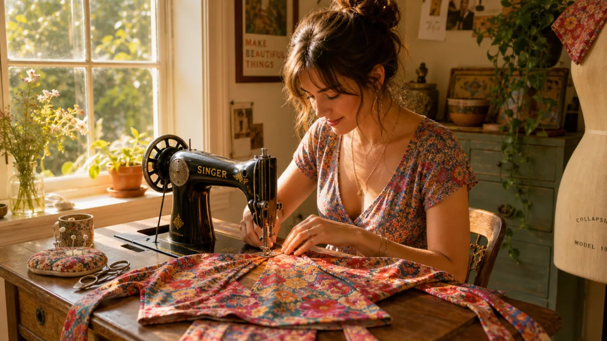 a woman sewing a colorful wrap top on a vintage sewing machine…