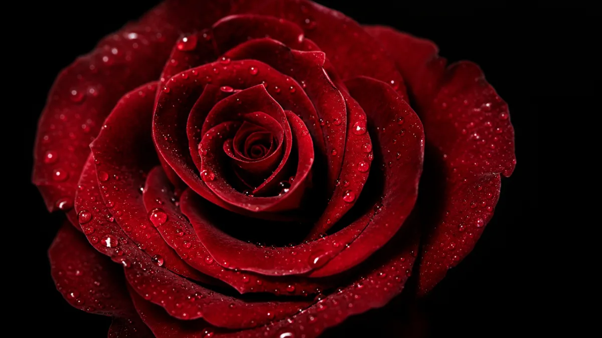 a macro close-up of a deep red rose bloom with dew drops,…
