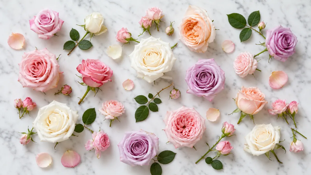 a flat lay arrangement of mixed pastel roses on white marble surface,…