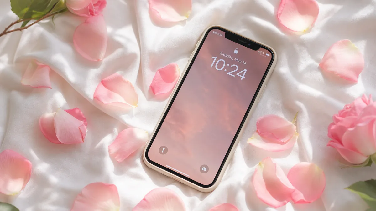 a smartphone lying on white fabric surrounded by fresh pink rose petals,…