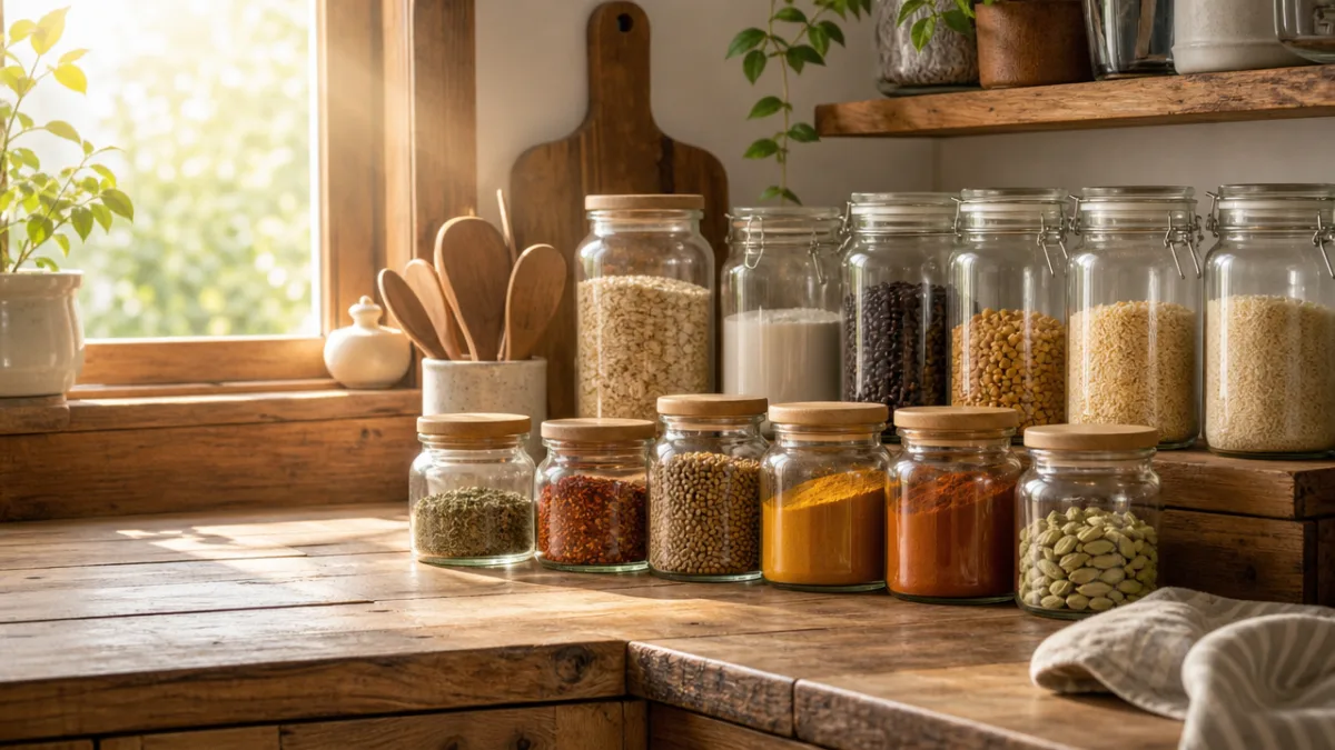 a rustic wooden kitchen counter with clean glass jars filled with spices…
