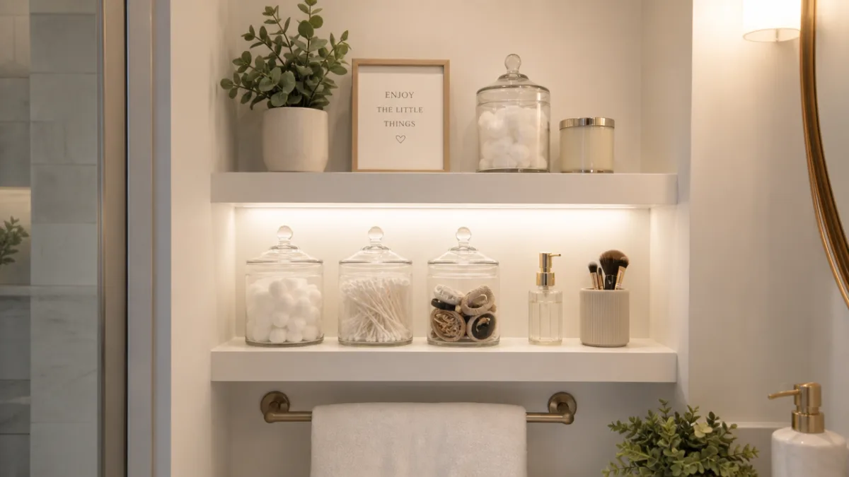 a small but beautifully organized bathroom shelf with glass jars holding cotton…