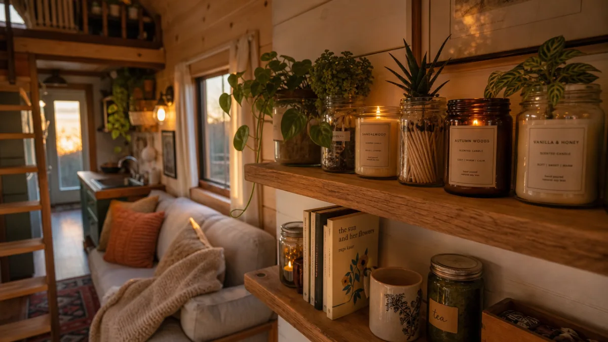 a cozy tiny house living space with candle jars used as plant…