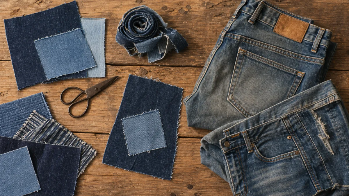 a flat lay of assorted denim fabric pieces and old jeans on…