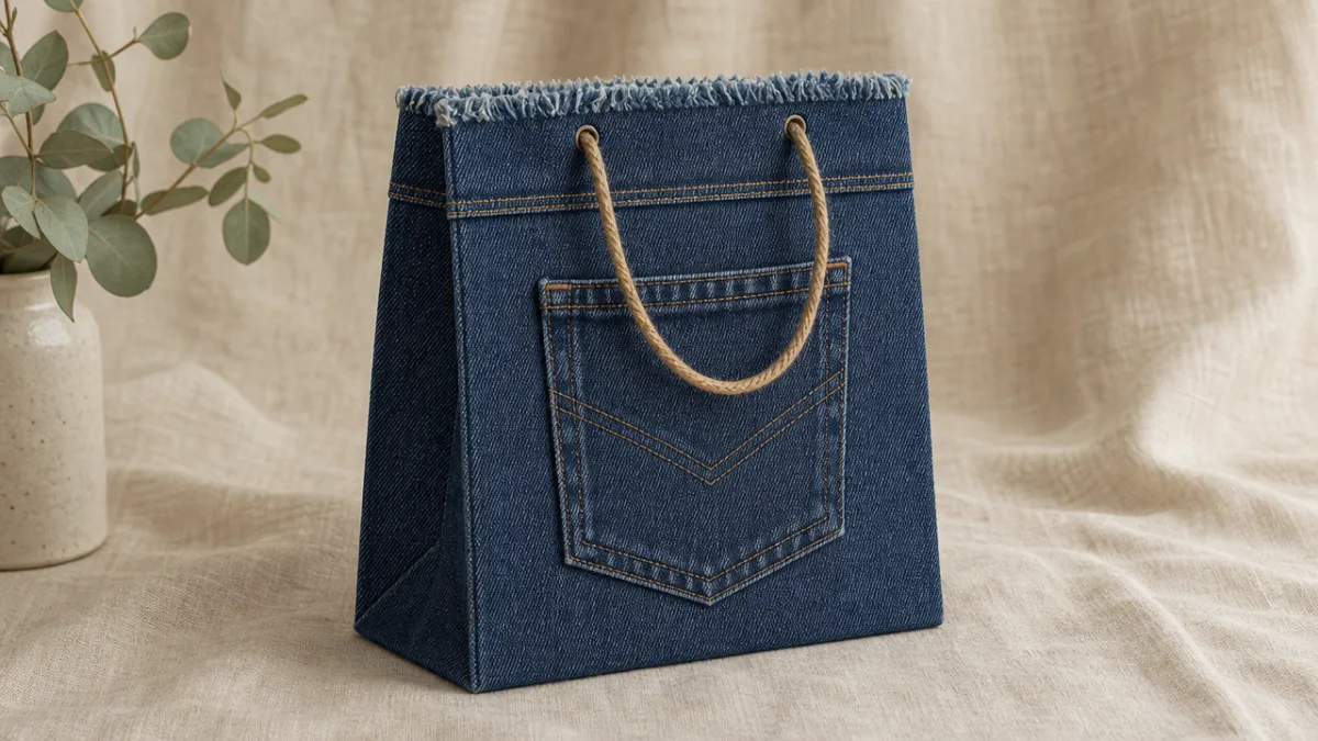 a finished denim gift bag with twine handle resting on a natural…