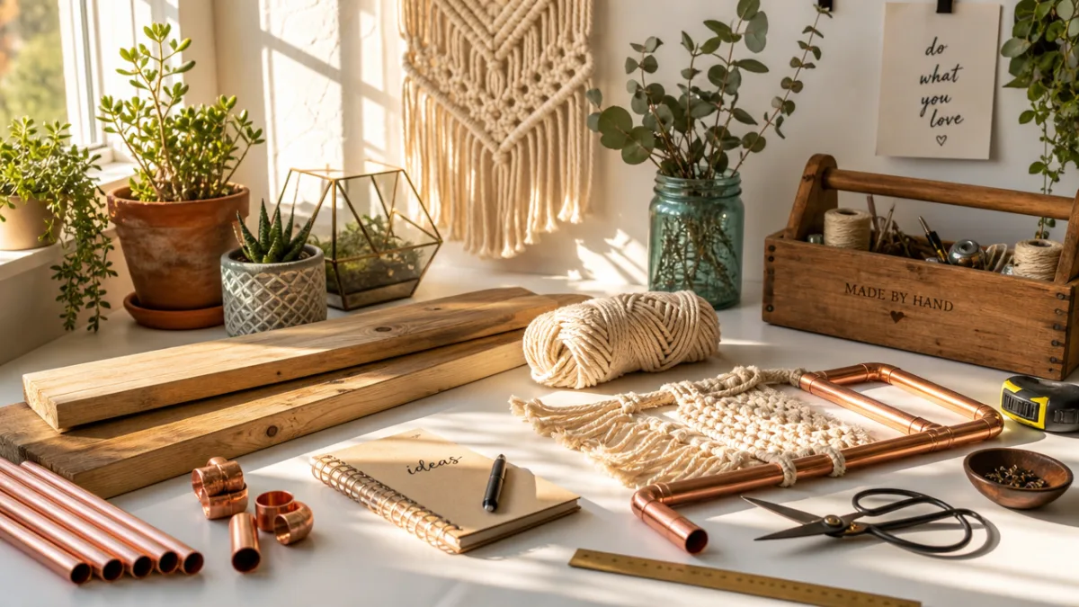 a sunlit craft workspace with wood planks, copper pipes, macramé rope, and…