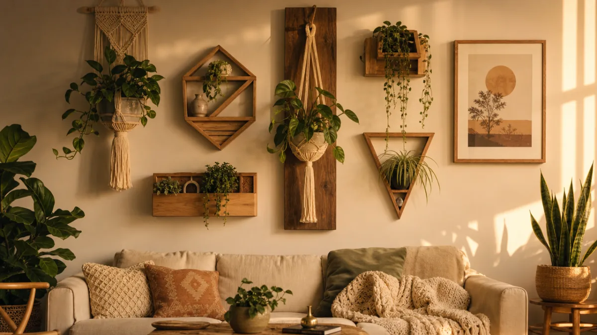 a beautifully styled living room wall with an artful arrangement of DIY…