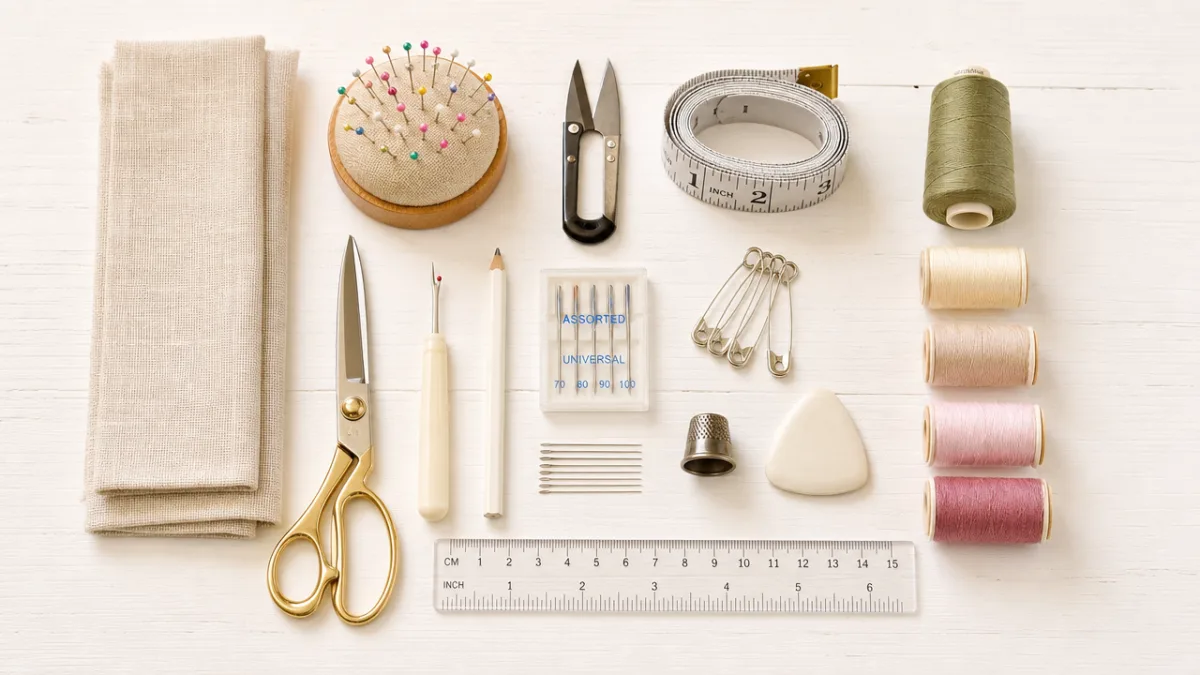 a neatly arranged flat lay of beginner sewing tools on a white…
