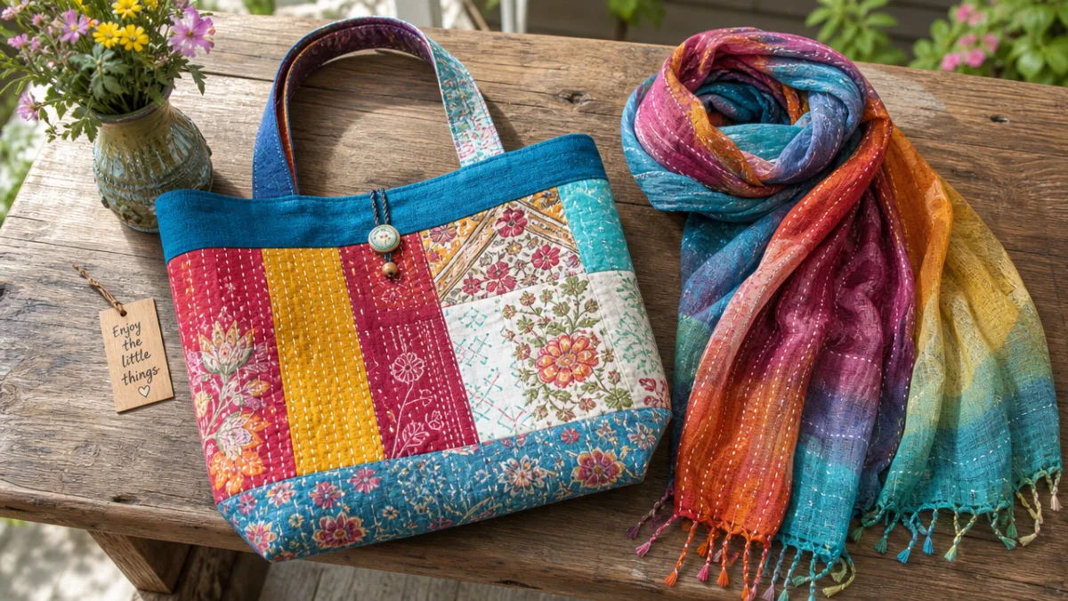 a colorful handmade fabric tote bag and scarf displayed on a rustic…