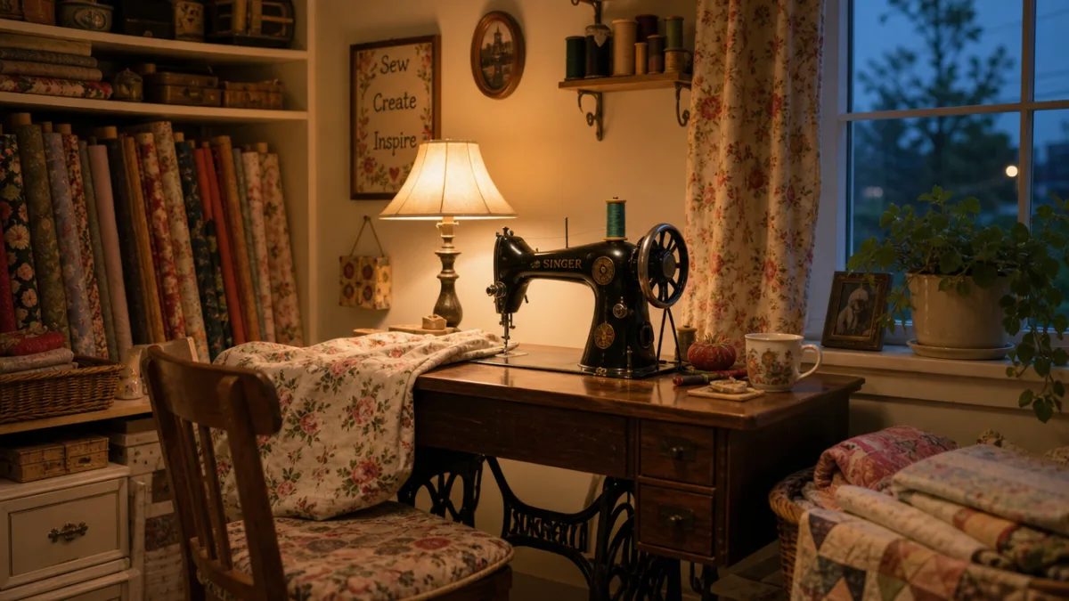 a cozy home sewing corner with a vintage machine, fabric rolls, and…