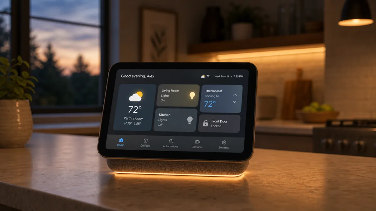 a modern smart home hub display glowing softly on a kitchen counter…