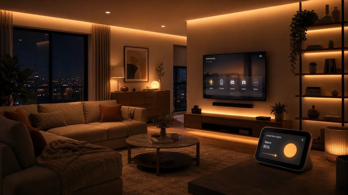 a cozy living room at night with smart lights glowing in soft…