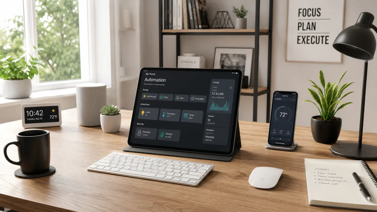 an organized home office desk with smart devices and a tablet showing…