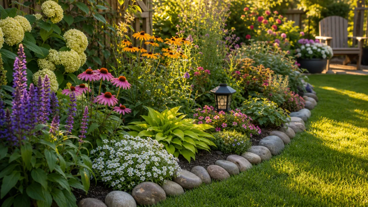 a lush garden bed bordered by smooth river rocks and green grass…