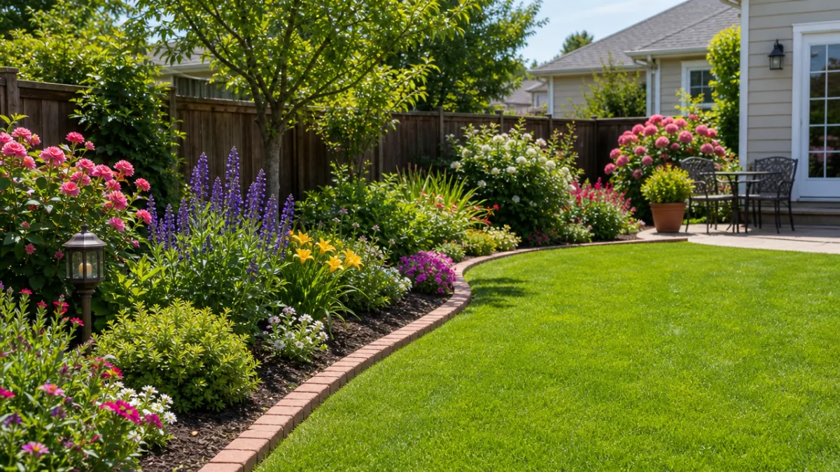 a tidy suburban backyard with brick edging separating a green lawn from…