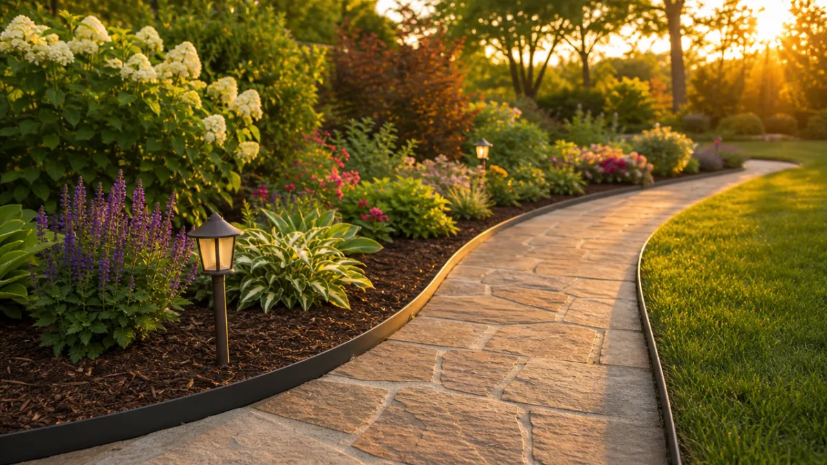 a well-maintained garden path with metal lawn edging separating mulched beds from…