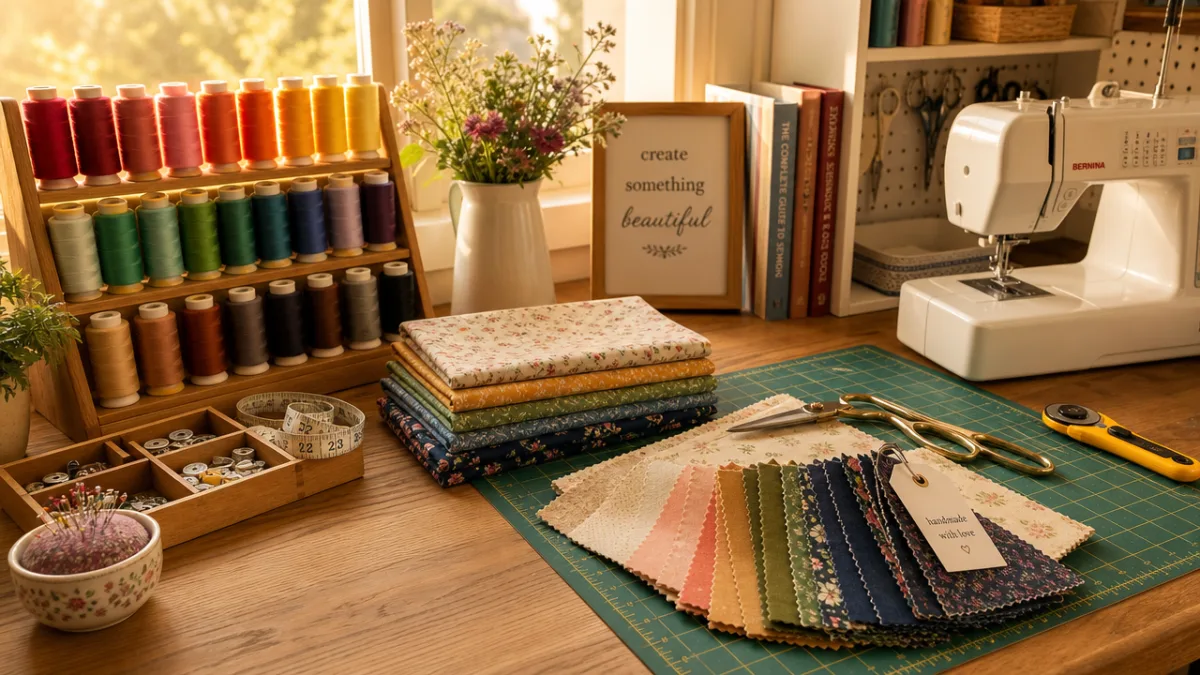 a neatly arranged sewing workspace with colorful thread spools, scissors and fabric…