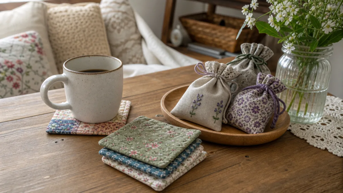 a cozy home interior with handmade fabric coasters and sachets on a…