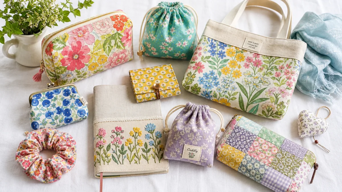 a collection of colorful handmade fabric gifts and accessories displayed on a…