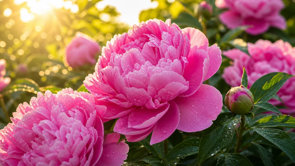 a close-up of vibrant pink peony blooms in a lush garden, soft…