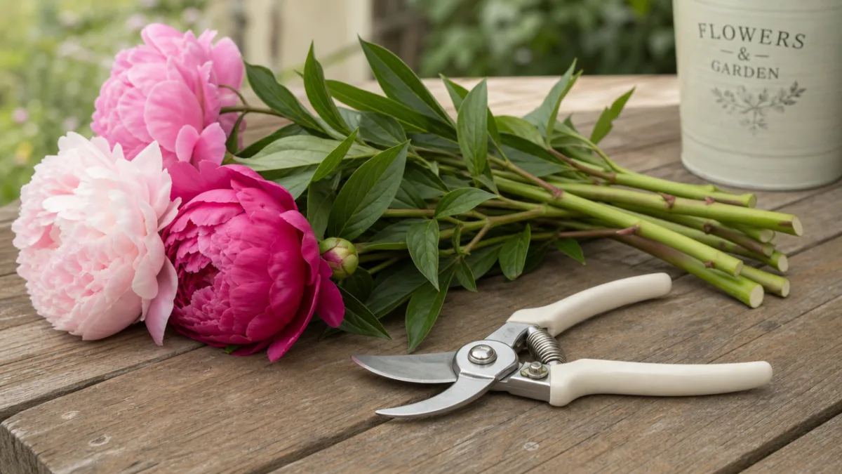 a pair of clean pruning shears resting beside freshly cut peony stems…