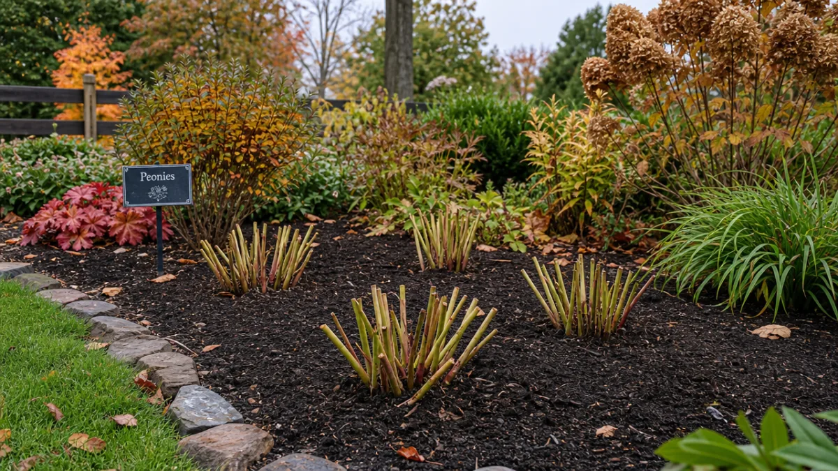 a well-tended autumn garden bed with freshly pruned peony crowns, rich dark…