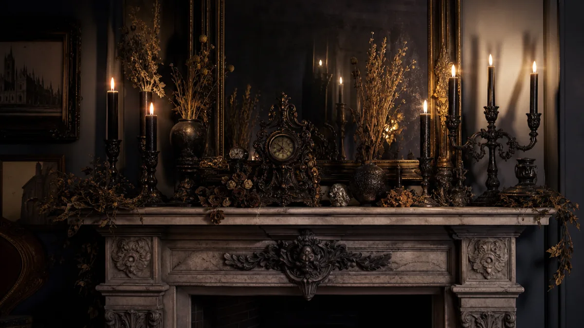 a gothic European mantle decorated with dark candle ornaments and dried botanicals,…