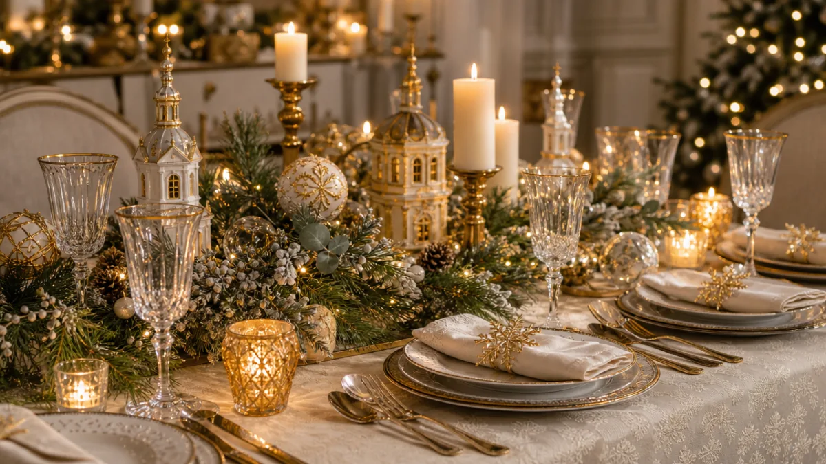 an elegant winter holiday tablescape with European candle ornaments, gold accents, and…
