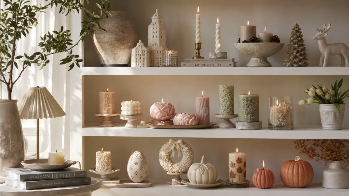 a beautifully styled home décor collection shelf with European candle ornaments across…