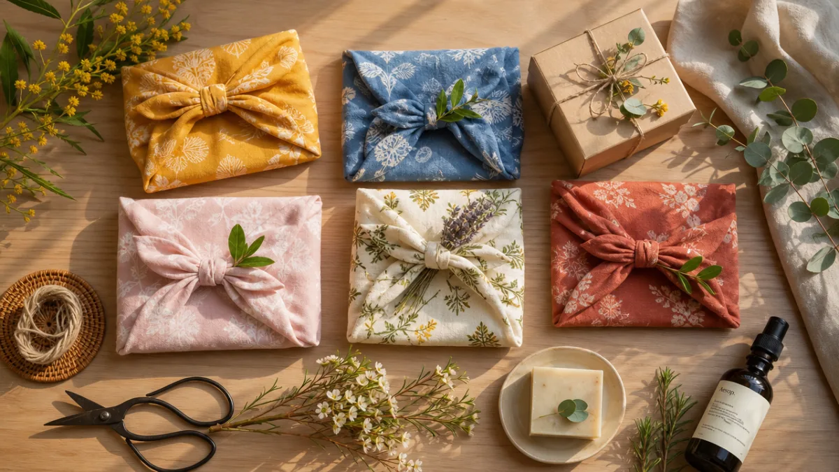 a flat lay of colorful furoshiki cloths neatly folded with natural gifts…