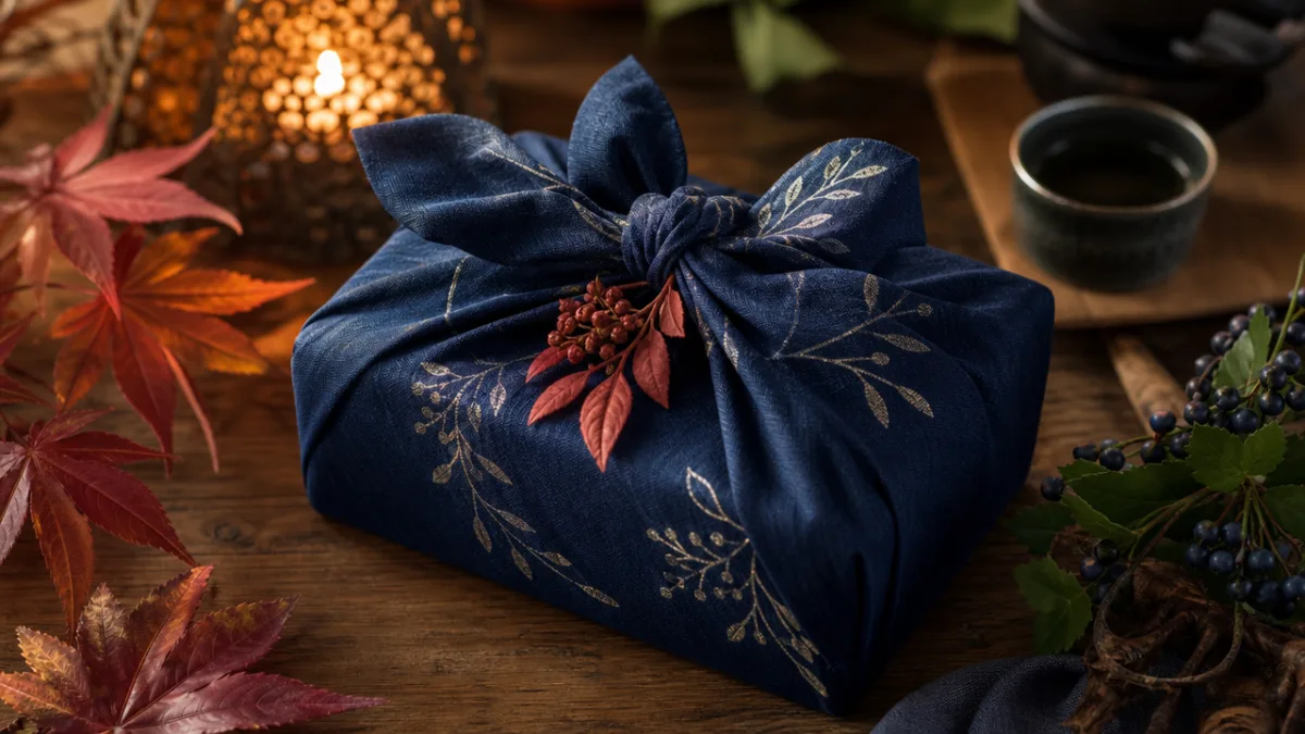 a beautifully wrapped furoshiki gift in indigo fabric on a wooden table…