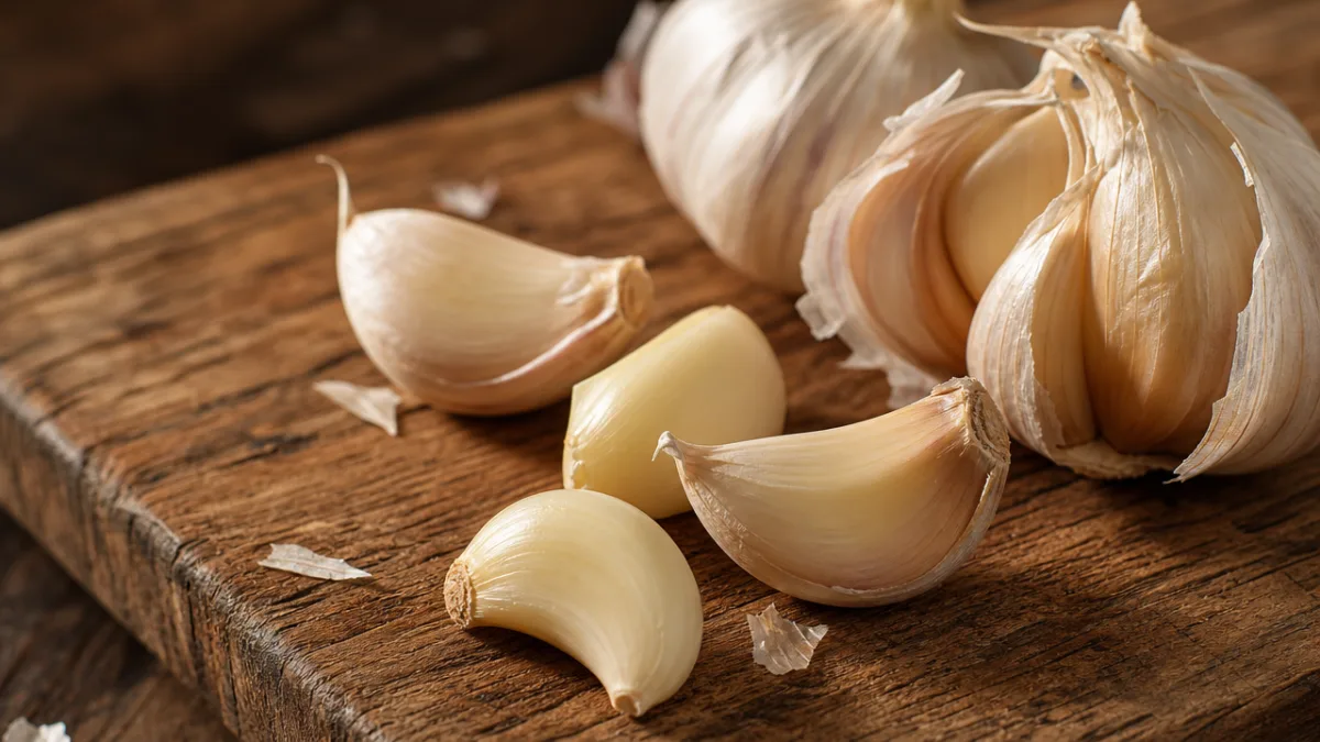 a close-up of fresh garlic cloves on a rustic wooden cutting board,…