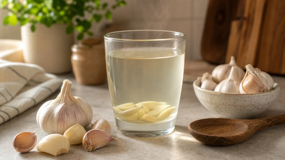 a glass of warm garlic-infused water beside fresh garlic cloves and a…