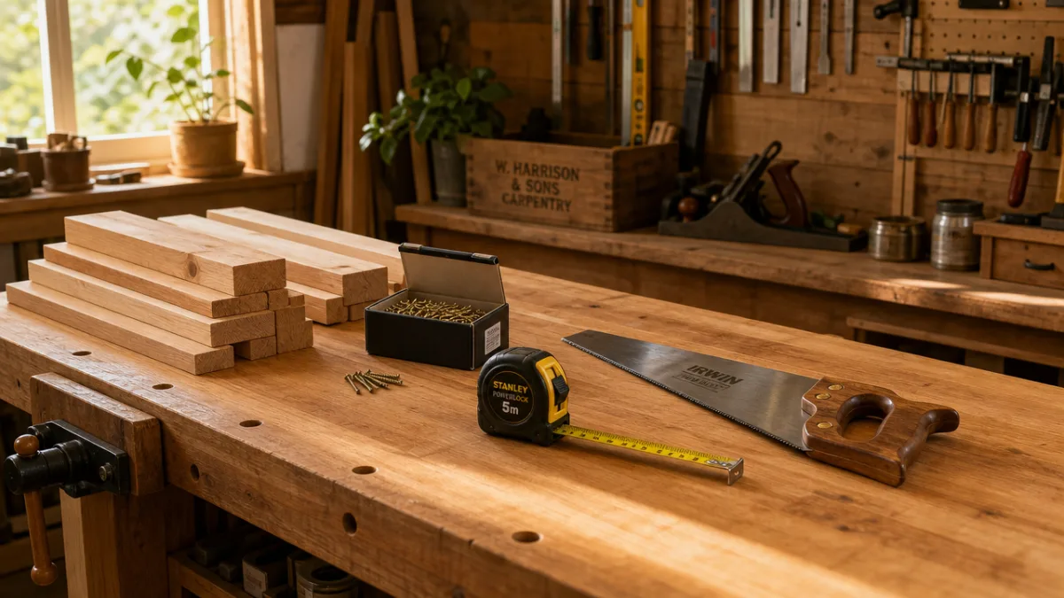 a neatly arranged workbench with timber, screws, a tape measure and saw…