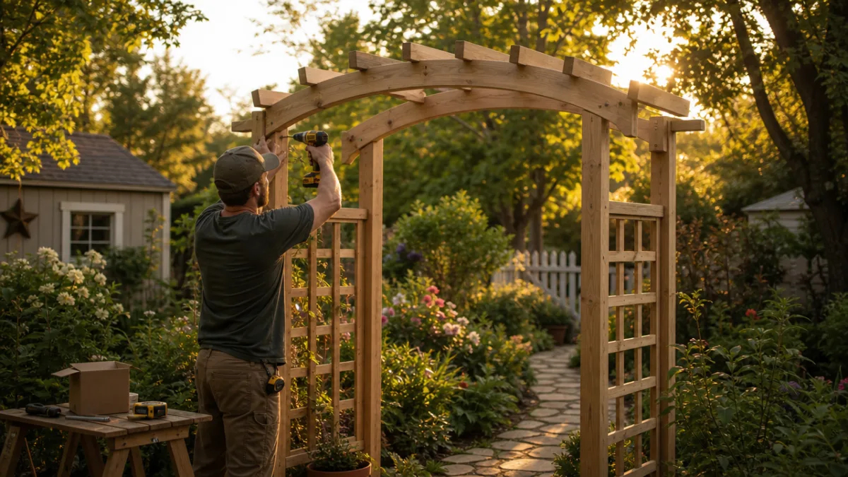 a person constructing a wooden garden archway in a lush backyard, golden…