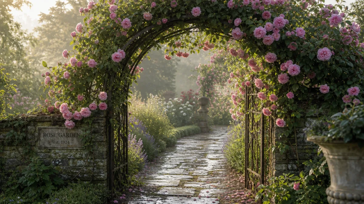 a mature garden archway covered in blooming pink roses, soft morning light…