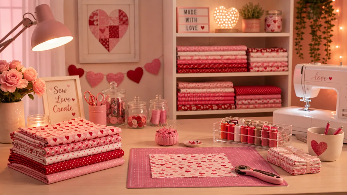 a neatly organized craft table with colorful Valentine fabrics, sewing supplies, and…