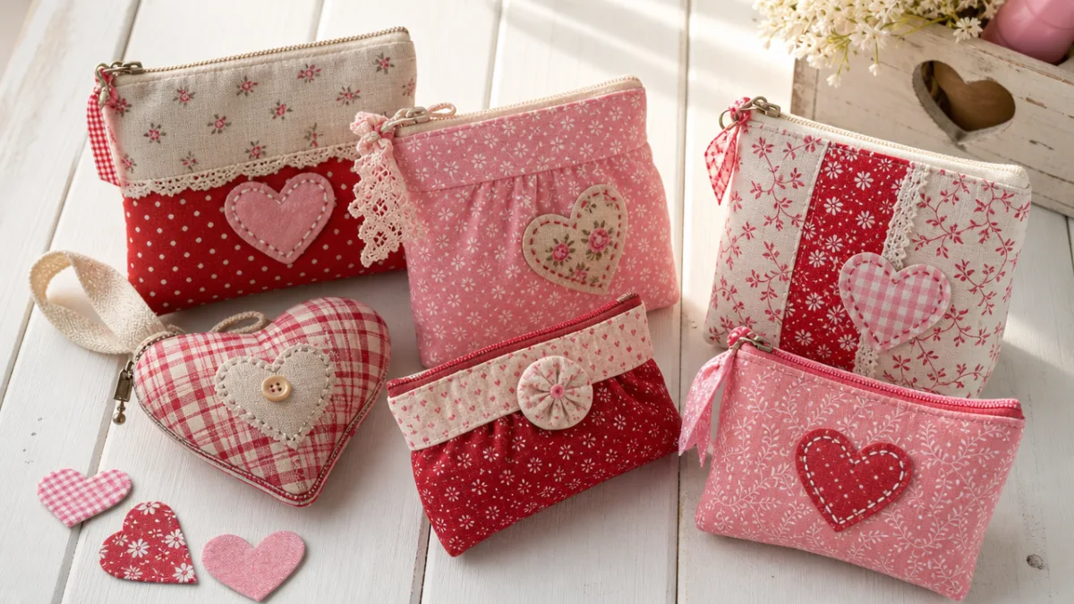 handmade fabric Valentine pouches in red and pink prints arranged on a…
