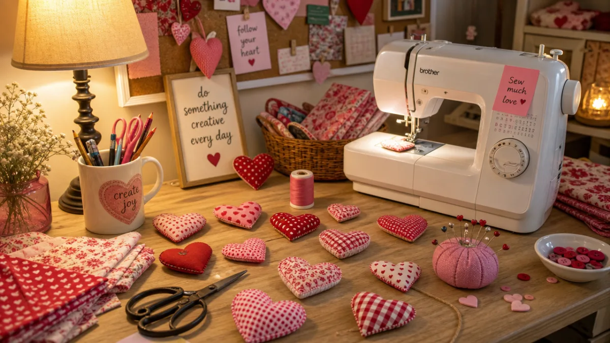 a cozy home sewing station with multiple small Valentine fabric hearts in…