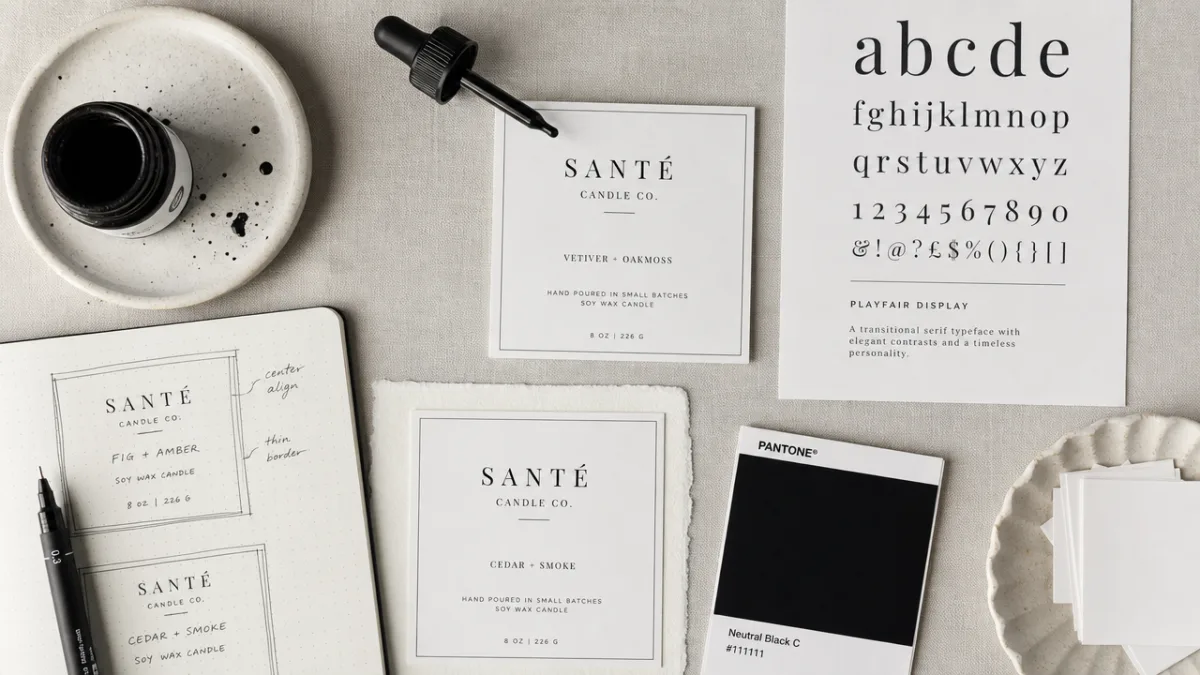 a flat lay of candle label design materials including black ink, white…