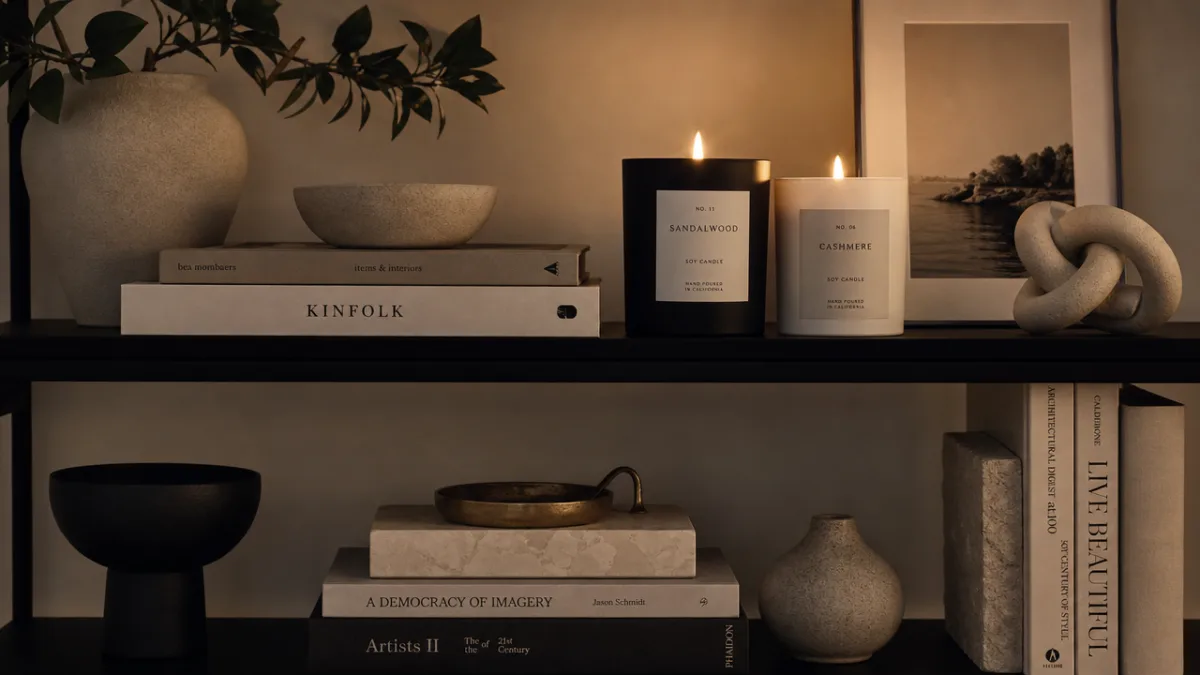 a styled minimalist shelf with black and white label soy candles and…